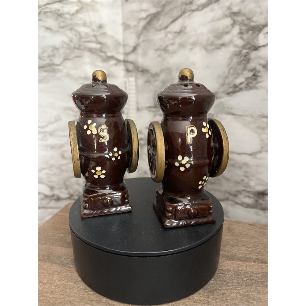 Vintage Coffee Grinder Salt & Pepper Shakers Hand Painted Flowers Brown MCM Deco